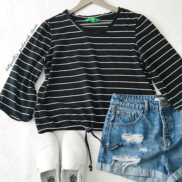 dip Tops - Black + White Stripe Cropped Drawstring Top